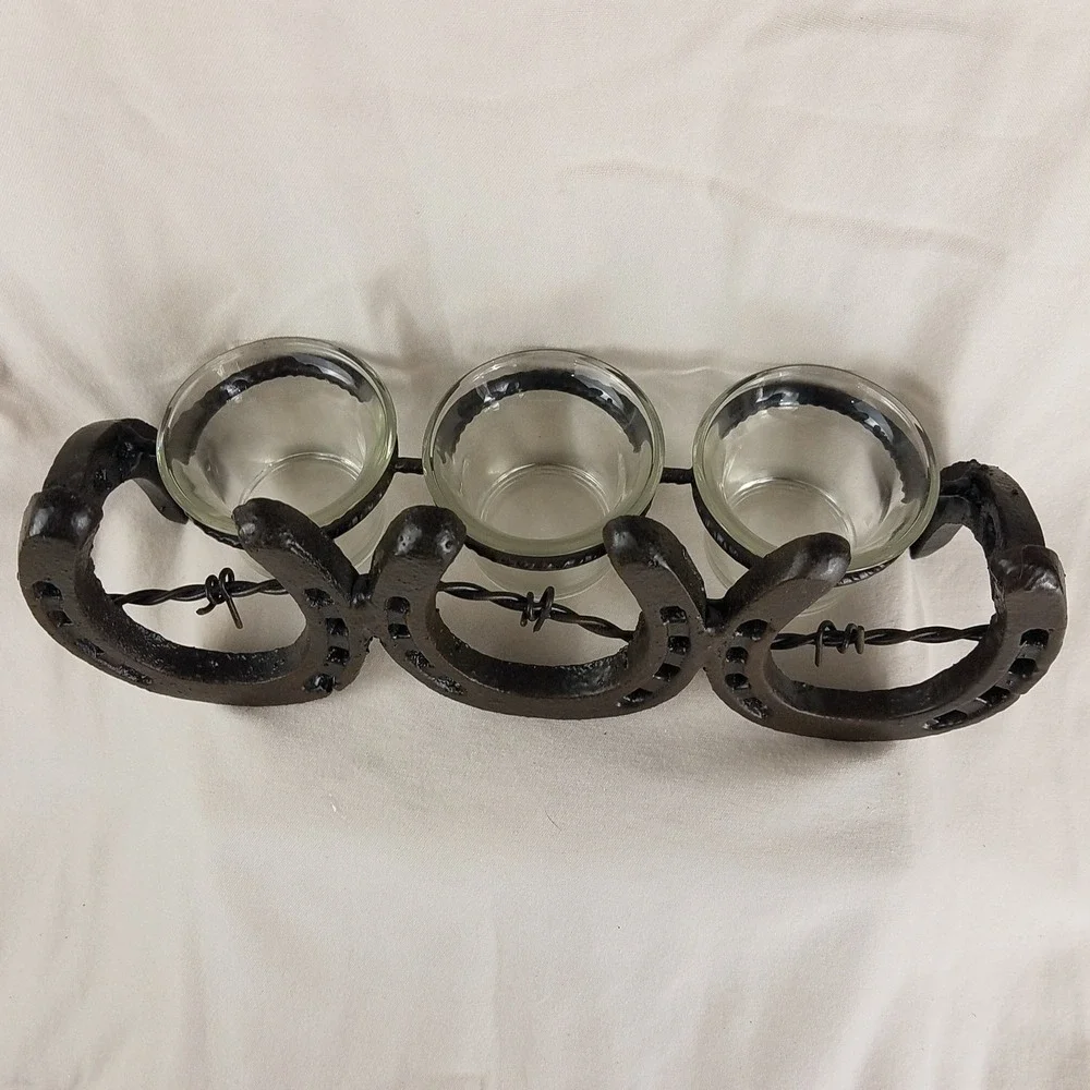 Rustic‎ Horseshoe Barbed Wire Votive Candle Holder 3 Glass Cups Western Decor